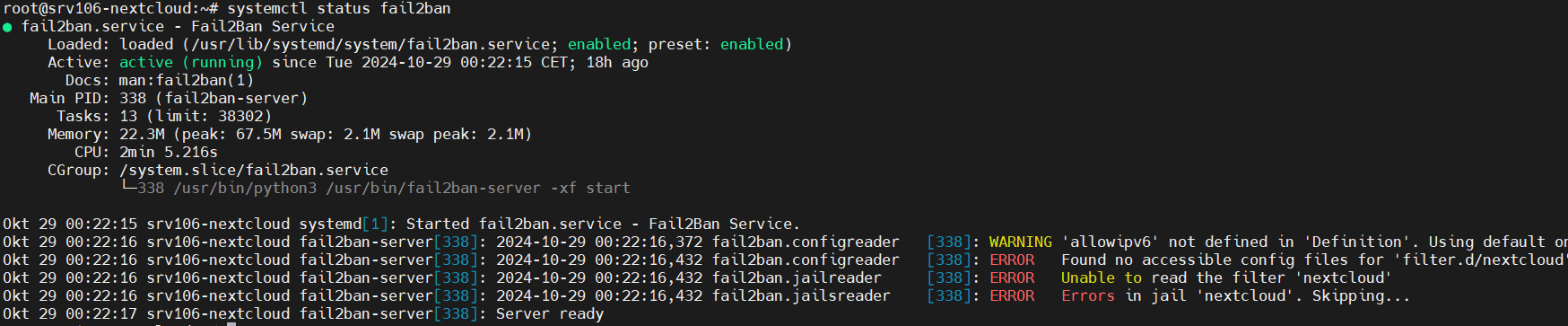 2024-10-29-18_41_17-srv106-nextcloud Fail2ban unter Ubuntu 20.04 installieren